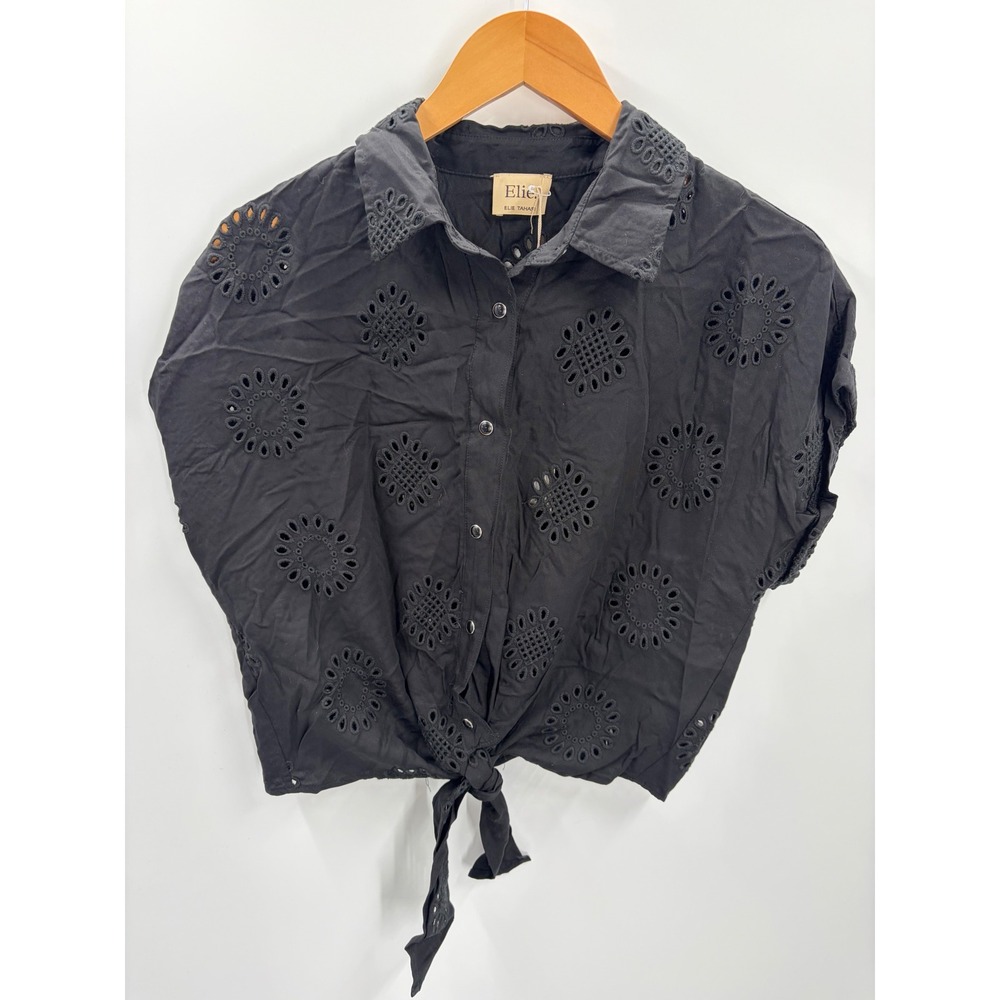 Elie Elie Tahari Black Eyelet Embroidered Tie Front Short Sleeve Shirt NWT - Picture 3 of 9